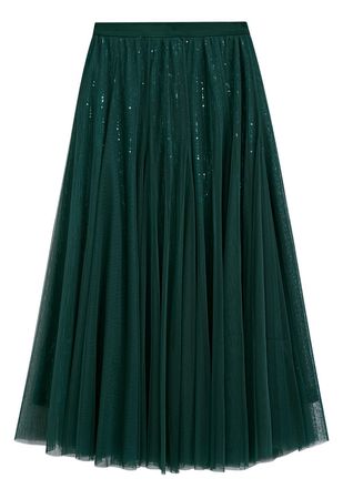 Ravishing Sequins Mesh Tulle Midi Skirt in Dark Green - Retro, Indie and Unique Fashion