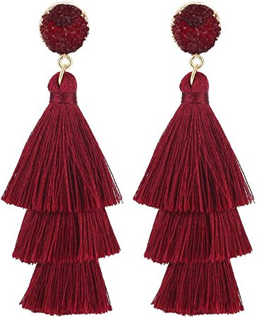 Amazon.com: LEGITTA Burgundy Tassel Earrings with Druzy Stud Maroon Red Thread Layered Tiered Fringe Linear Drop Dangle Fashion Bohemian Jewelry for Women: Jewelry