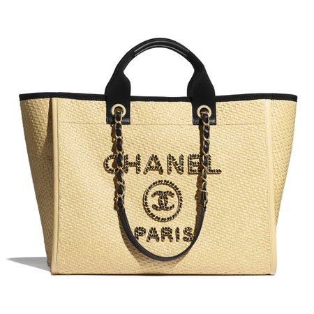 Chanel, large shopping bag Straw, Calfskin & Gold-Tone Metal Beige & Black