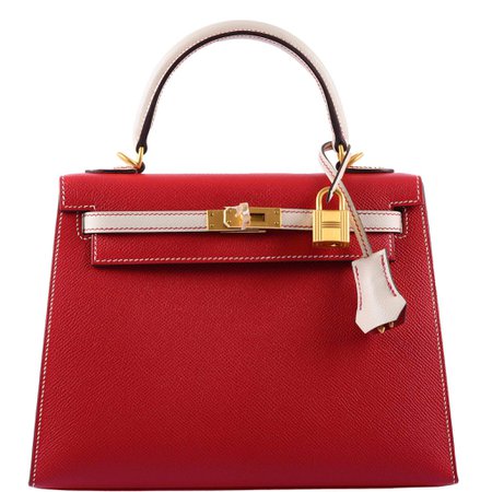 Hermes, Kelly 25 Bag Sellier HSS Bi-Color Rouge Casaque & Craie Epsom Brushed Gold Hardware