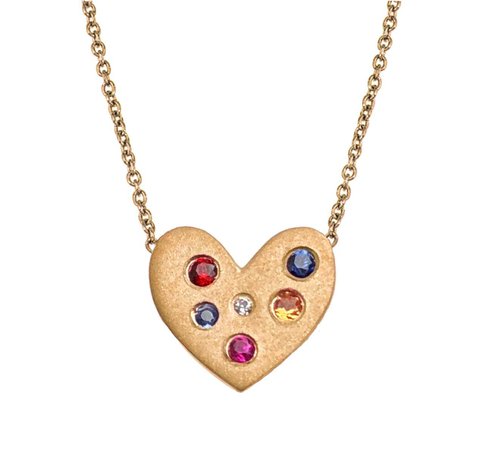 Classic Heart Pendant with Diamond & Sapphires in 14k Satin Finish Yellow Gold by GiGi Ferranti