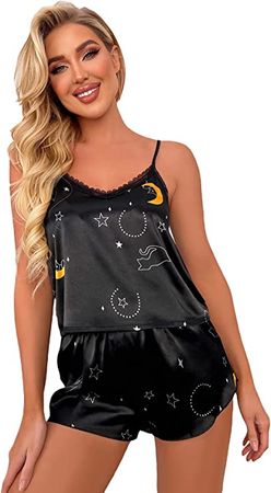 GORGLITTER Women's 2 Piece Moon Star Print Pajama Set Lace Trim Sleeveless Cami Top Elastic Waist Shorts Lounge Set Black Large at Amazon Women’s Clothing store