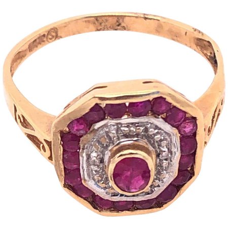 14 Karat Yellow and White Gold Ruby and Diamond Ring with Side Scroll For Sale at 1stDibs