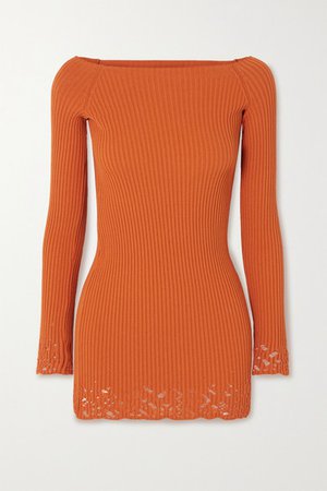 Ajour Off-the-shoulder Distressed Ribbed-knit Mini Dress - Orange
