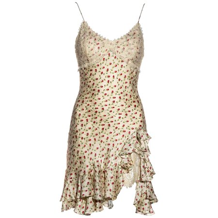 John Galliano Ivory Silk Jacquard Mini Dress With Chantilly Lace, ss 1997 For Sale at 1stDibs