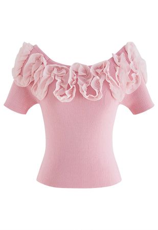 Ruffle Mesh Boat Neck Knit Top in Pink - Retro, Indie and Unique Fashion