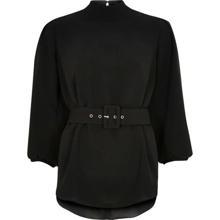 Black loose fit cuffed hem belted top - Blouses - Tops - women
