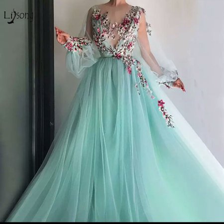Google Image Result for https://ae01.alicdn.com/kf/HTB15ZUhXUvrK1RjSspcq6zzSXXaG/Pretty-Mint-Green-Floral-Embroidery-Lace-Prom-Dresses-Puff-Full-Sleeves-Illusion-O-neck-A-line.jpg