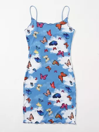 blue Lettuce Trim Butterfly Print Bodycon Dress | SHEIN USA