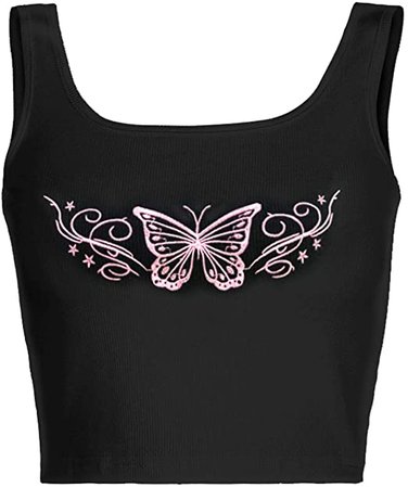 FAIMILORY Women's Basic Summer Embroidered Butterfly Ribbed Crop Tank Tops (ButterflyBlack, XS) at Amazon Women’s Clothing store