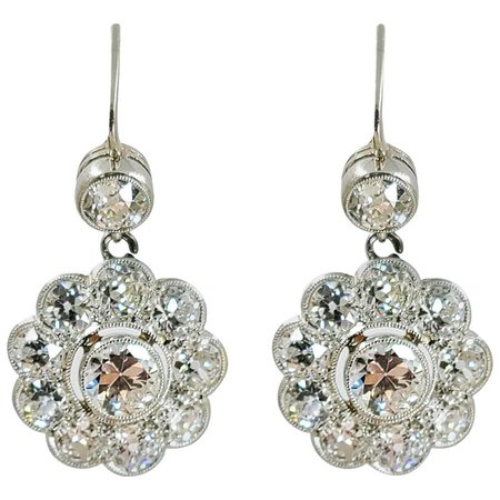 18 Karat White Gold Antique Diamond Cluster Flower Drop Earrings For Sale at 1stDibs