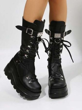Women Comfortable Lace Up Front Buckle Decor Boots, Punk Black Western Boots | SHEIN USA