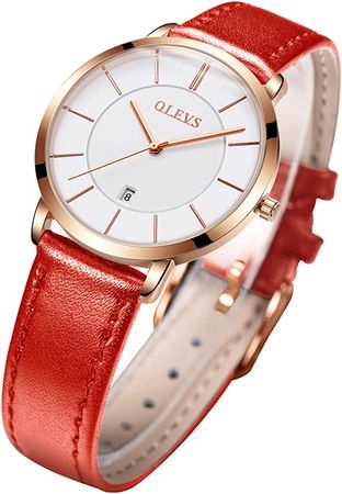 Amazon.com: OLEVS Women's Watches for Ladies Female Wrist Watch White Dial Red Leather Band Waterproof Thin Minimalist Fashion Casual Simple Dress Quartz Analog Classic Gifts with Date Calendar : Clothing, Shoes & Jewelry