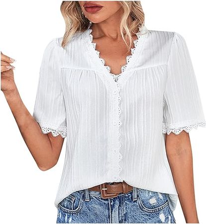 Women Summer Sexy Tops Casual Lace Patchwork Off Shoulder Tee Blouse Short Sleeve Hollow Out Slim Fit Tunic Shirt at Amazon Women’s Clothing store