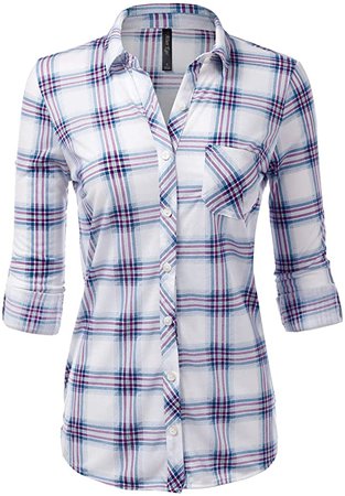 JJ Perfection Women's Plaid Shirts Long Sleeve Roll up Classic Button Down Shirt Whiteblue X-Large at Amazon Women’s Clothing store