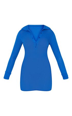 Bright Blue Rib Polo Collar Shift Dress | PrettyLittleThing USA