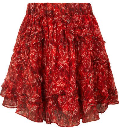 Dazzle Ruffled Printed Georgette Mini Skirt - Red