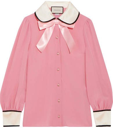 Faux Pearl And Bow-embellished Silk Crepe De Chine Shirt - Pink