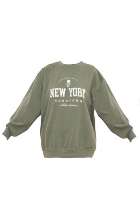Khaki New York Downtown Graphic Printed Sweatshirt | PrettyLittleThing USA
