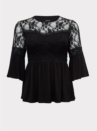 Super Soft & Lace Black Bell Sleeve Babydoll Top - Plus Size | Torrid