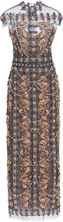 Marchesa Embroidered Tulle Midi Dress