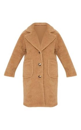Camel Borg Longline Coat | Coats & Jackets | PrettyLittleThing