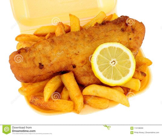 Fish And Chips In A Take Away Tray Stock Photo - Image of background, fried: 113138300