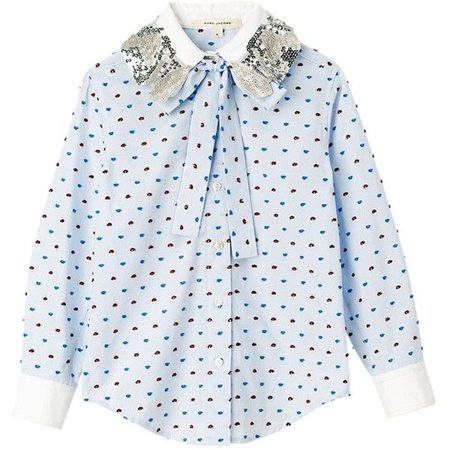 Blue Bow Blouse with White sequined collar
