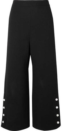 Cropped Faux Pearl-embellished Wool-blend Crepe Wide-leg Pants - Black