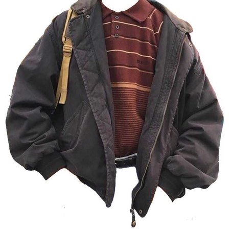 maroon striped polo and black jacket backpack strap