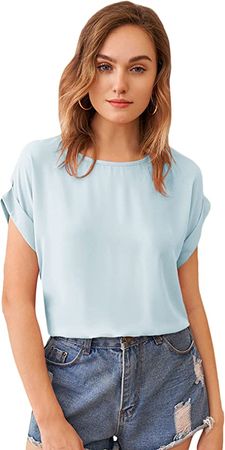 Milumia Women's Casual Round Neck Cuffed Short Sleeve Solid Blouse Shirt Top at Amazon Women’s Clothing store
