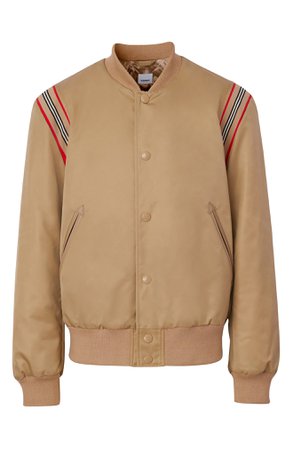Burberry Harwell Icon Stripe Leather Trim Twill Bomber Jacket | Nordstrom