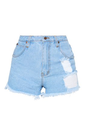Petite Light Wash Frayed Hem Distressed Denim Shorts | PrettyLittleThing USA