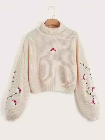 ROMWE STPL Mushroom Embroidery High Neck Sweater | SHEIN