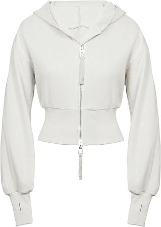 Flygo Women's Cropped Hoodie Zip Up Sweatshirts Long Sleeve Workout Crop Tops(Beige-XL) at Amazon Women’s Clothing store
