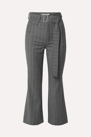 Cropped Belted Pinstriped Wool-blend Flared Pants - Gray