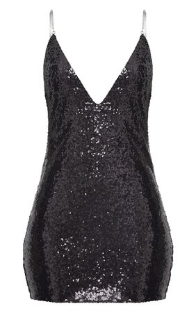 Black Chain Strap Sequin Plunge Bodycon Dress | PrettyLittleThing USA