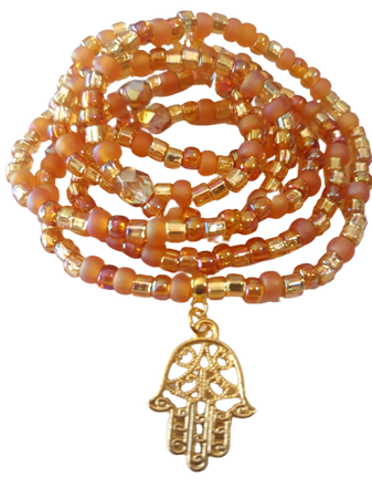 Apricot and Gold Crystal Waist Beads with Gold Hamsa Charm, stretch, protection charm, weight loss tracker, belly chains, belly beads