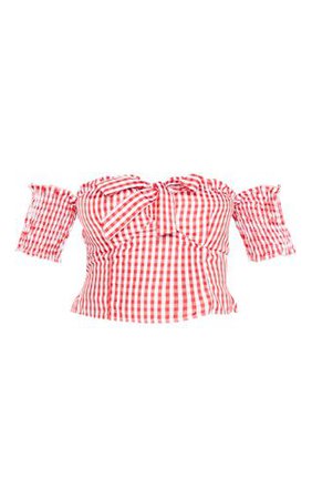 Red Gingham Cup Detail Bardot Crop Top | Tops | PrettyLittleThing