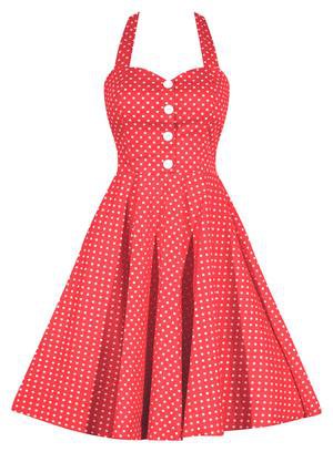 Retro Gal Polka Dot Halter Swing Dress - Coral | Double Trouble Apparel