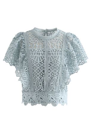 Ruffle Sleeves Full Crochet Crop Top in Dusty Blue - Retro, Indie and Unique Fashion