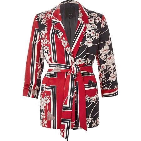 Red floral print belted ruched blazer - Blazers - Coats & Jackets - women