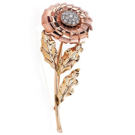 Cartier Vintage Diamond 14K Rose Gold Flower Brooch Pin