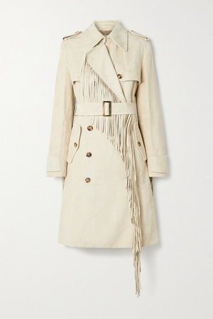 Double-breasted Fringed Suede Trench Coat - Off-white