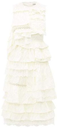 4 Moncler Lace Trimmed Broderie Anglaise Ruffled Dress - Womens - White