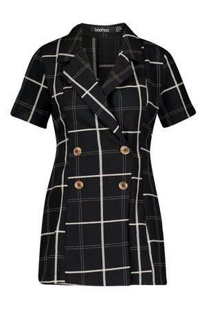 Grid Check Collared Playsuit | Boohoo black