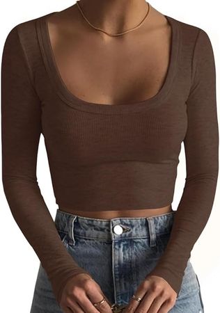 Artfish Women's Square Neck Long Sleeve Ribbed Slim Fitted Casual Basic Crop Top Chocolate Brown S at Amazon Women’s Clothing store