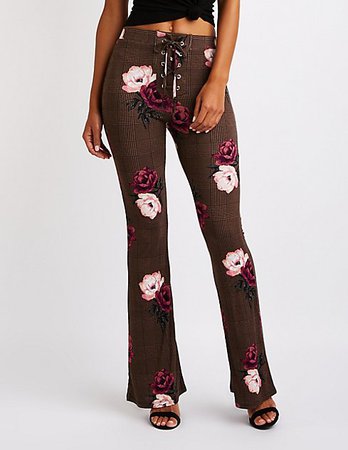 Floral Lace Up Flare Pants | Charlotte Russe