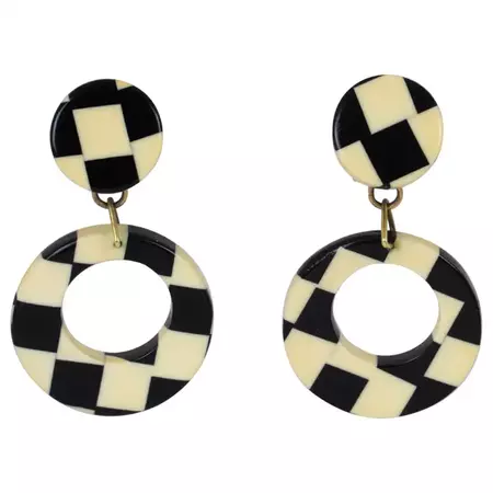 Pop Art 1960s Dangling Clip Earrings Black and White Checkerboard Galalith For Sale at 1stDibs