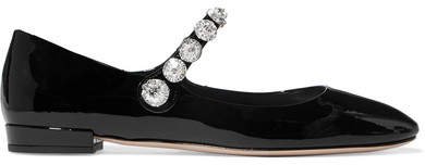 Crystal-embellished Patent-leather Ballet Flats - Black